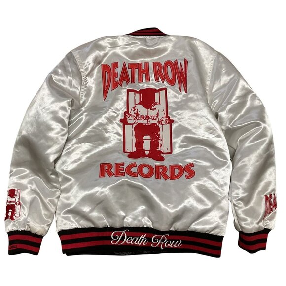 Death Row Records Satin Bomber Jacket Sz M White & Red Embroidered Unisex - Picture 1 of 9